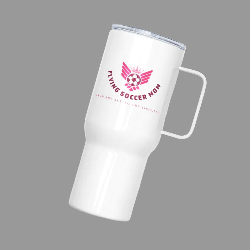 Soccer mom stainless steel tumbler with handle featuring a fun design for busy lifestyles.
