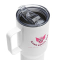 Soccer mom stainless steel tumbler with handle featuring a clear lid and a fun design for busy lifestyles.