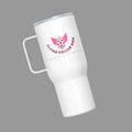 Soccer mom stainless steel tumbler with handle featuring pink flying soccer mom design.