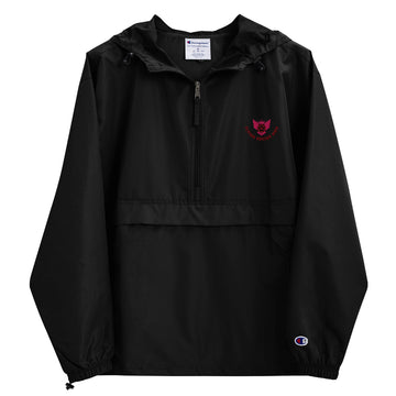 Black soccer Mom windbreaker with a red logo on a white background