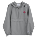 Gray soccer Mom windbreaker with brand logos on a white background