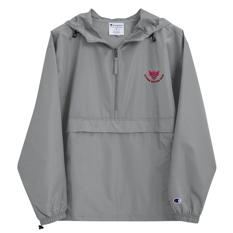 Gray soccer Mom windbreaker with brand logos on a white background