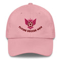 Pink cap with 'Flying Soccer Mom' logo on a white background