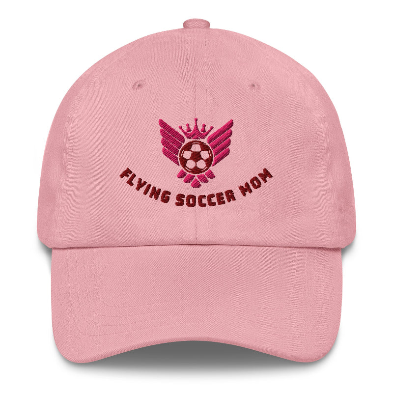 Pink cap with 'Flying Soccer Mom' logo on a white background