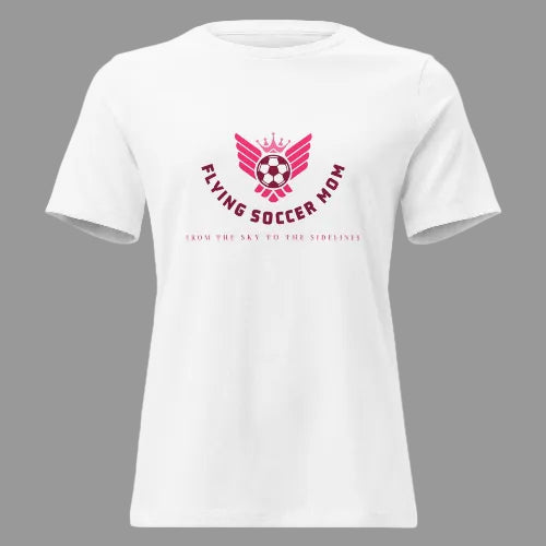 Flying Soccer Mom relaxed fit game day tee in white with pink winged soccer ball graphic