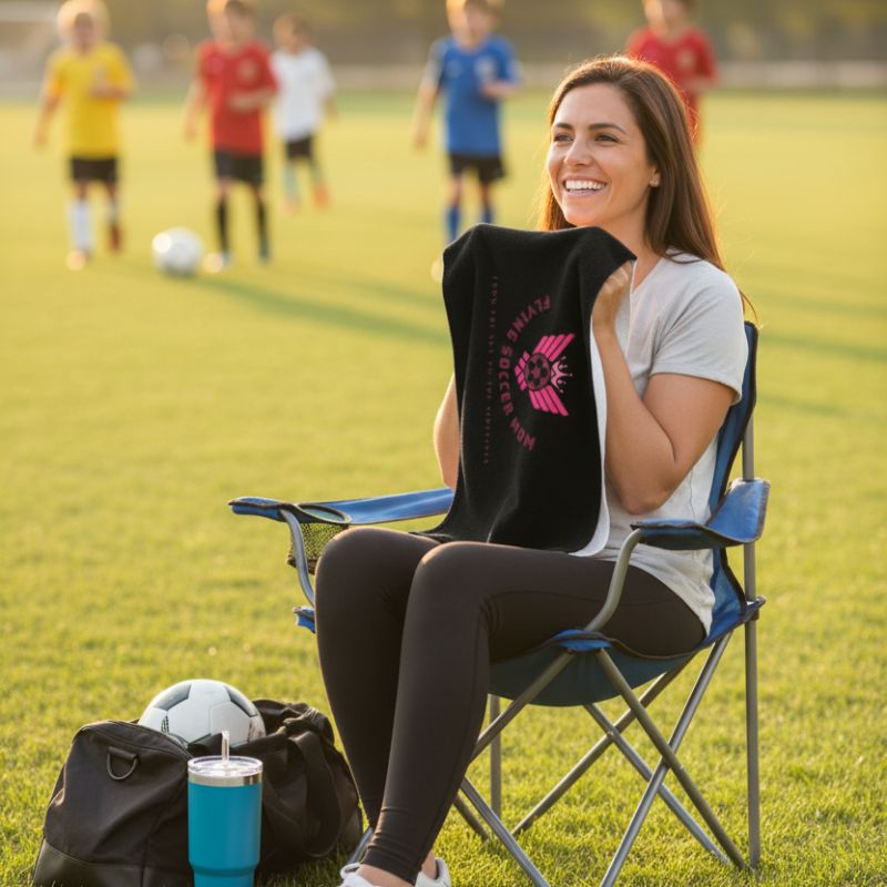 soccer mom sitting on a chair holding a black soccer mom towel with a logo on a soccer field.
