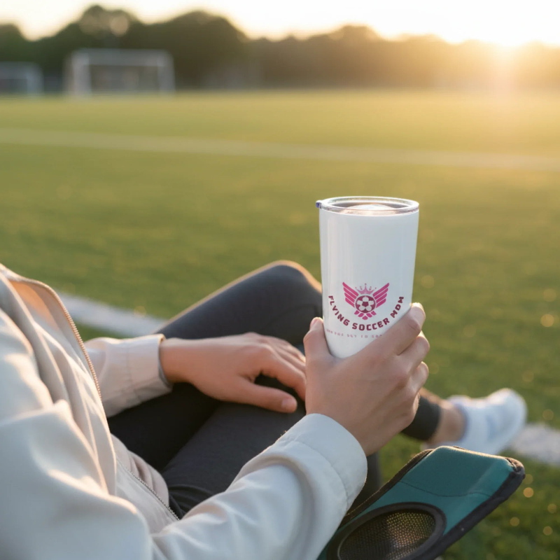 Flying Soccer Mom 20oz tumbler lifestyle scene