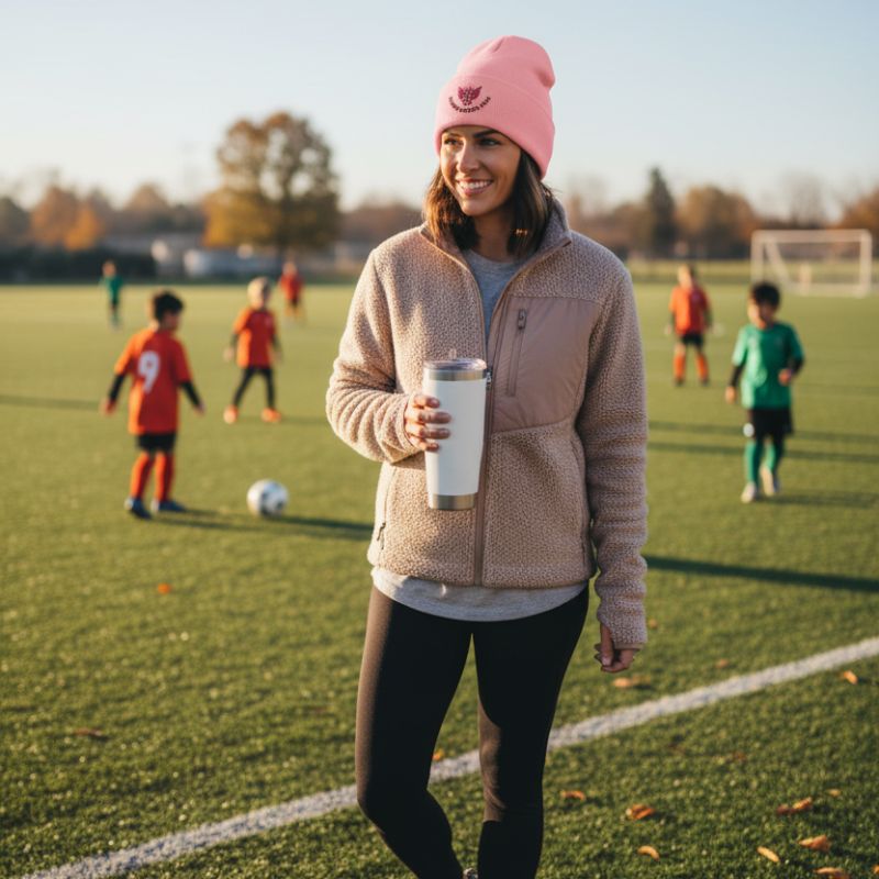 Soccer mom holding a white cup on a soccer field with pink soccer mom beanie