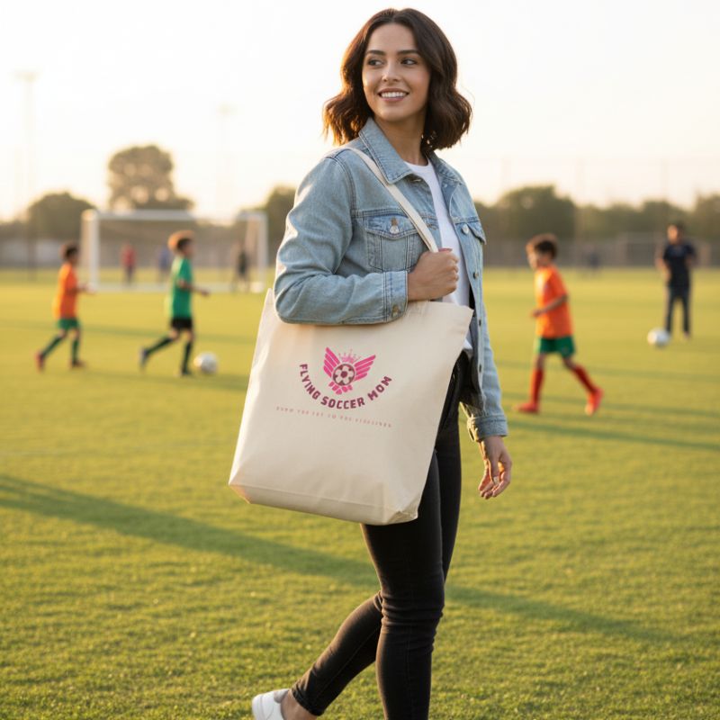 Soccer mom holding a soccer mom tote bag with a logo on a soccer field
