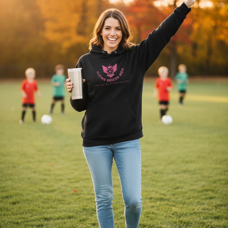 Soccer mom in black hoodie with logo on a soccer field with children playing in the background