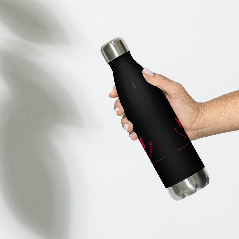 Black soccer mom water bottle held in hand showing back design