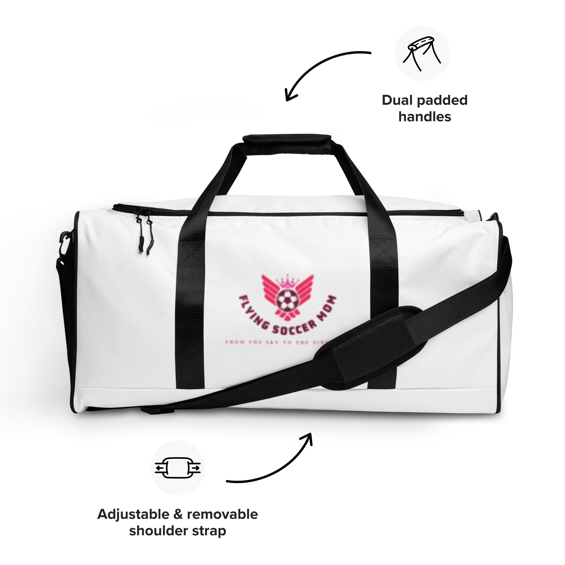 Flying soccer mom duffel bag adjustable shoulder strap