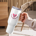 Soccer mom stainless steel tumbler with handle in hand, perfect for busy mornings and game-day chaos.