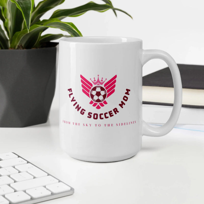 Soccer mom coffee mug with a soccer ball design and text, perfect for game days.